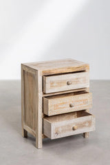 Wooden Bedside Table with 3 Drawers, Hand-Carved Design, Vintage White Finish