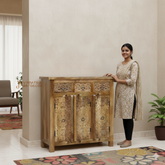 Mango Wood Carved Cabinet 3 Drawer Side Table,Bedside Furniture