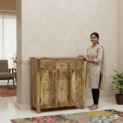 Mango Wood Carved Cabinet 3 Drawer Side Table,Bedside Furniture