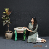 Mango Wood Center Coffee Table With Brass Detailing, Solid Wood Round Top Planter Table