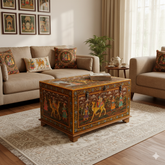 Handicraft Dola-Maru Painted Trunk Box, Wooden Storage Box, Home Living Blanket Box