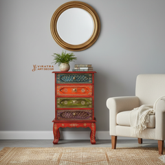 Indian Painted 4 Drawer Bedside , Chest Of Drawer