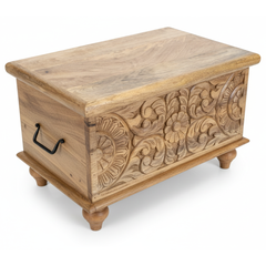 Mango Wood Floral Carved Blanket Chest With Natural Finish