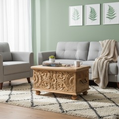 Mango Wood Floral Carved Blanket Chest With Natural Finish