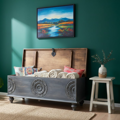 Mango Wood Carved Blanket Chest With Black Finish