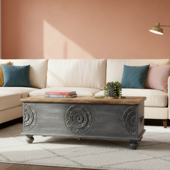 Mango Wood Carved Blanket Chest With Black Finish