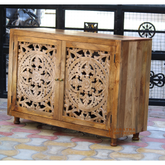Mango Wood Crafted Console Cabinet with Floral Carving, Solid Wood Sideboard Buffet Cabinet