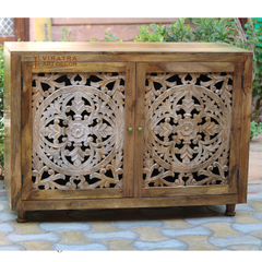 Mango Wood Crafted Console Cabinet with Floral Carving, Solid Wood Sideboard Buffet Cabinet