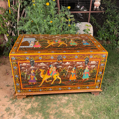 Handicraft Dola-Maru Painted Trunk Box, Wooden Storage Box, Home Living Blanket Box
