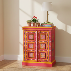 Hand-Painted Mango Wood Sideboard Cabinet For Storage