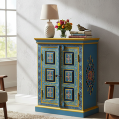Hand-Painted Mango Wood Sideboard Cabinet For Storage