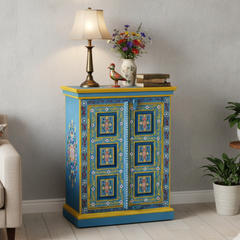 Hand-Painted Mango Wood Sideboard Cabinet For Storage