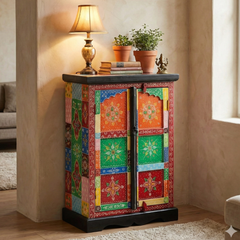 Hand-Painted Mango Wood Sideboard Cabinet For Storage