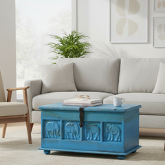 Mango Wood Hand-Carved Storage Trunk Chest For Living Room Decor