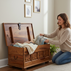 Mango Wood Hand-Carved Blanket Storage Chest For Living Area