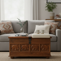 Mango Wood Hand-Carved Blanket Storage Chest For Living Area