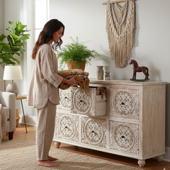Mango Wood Hand-Carved Drawer Sideboard For Storage