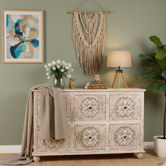 Mango Wood Hand-Carved Drawer Sideboard For Storage