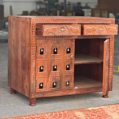 Mango Wood Accent Cabinet: Hand-Carved Indian Sideboard with Brass Bells