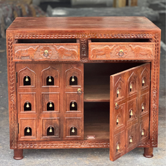 Mango Wood Accent Cabinet: Hand-Carved Indian Sideboard with Brass Bells