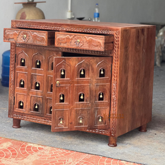 Mango Wood Accent Cabinet: Hand-Carved Indian Sideboard with Brass Bells