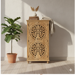 Mango Wood Carved Tall Cabinet For Storage