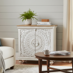 Hand Carved Mango Wood Carved 2 Doors Cabinet With Natural Top