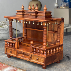 Indian Sheesham Pooja Mandir, Solid Wood Ethnic Pooja Temple With Brass Bells