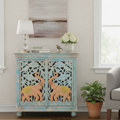Hand-Carved Mango Wood Distress Sideboard Cabinet For Storage