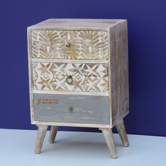 Wooden Carved 3-Drawer Storage Chest Table, Indian Ethic Solid Wood Bedside Table,