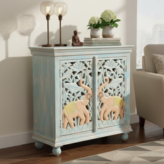 Hand-Carved Mango Wood Distress Sideboard Cabinet For Storage