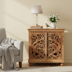 Mango Wood Hand-Carved Sideboard Cabinet For Utility Storage
