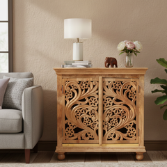 Mango Wood Hand-Carved Sideboard Cabinet For Utility Storage