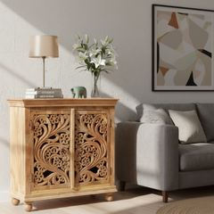 Mango Wood Hand-Carved Sideboard Cabinet For Utility Storage