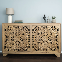 Mango Wood Hand-Carved Sideboard With Shiny Wood Polish
