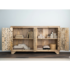 Mango Wood Hand-Carved Sideboard With Shiny Wood Polish
