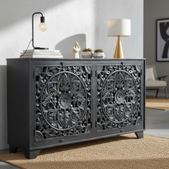 Mango Wood Hand-Carved Sideboard With Black Finish