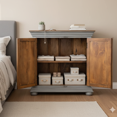 Mango Wood Hand-Carved Sideboard Cabinet With Grey Finish