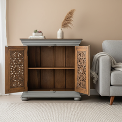 Mango Wood Hand-Carved Sideboard Cabinet With Grey Finish