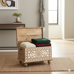 Mango Wood Blanket Chest With Moroccan Pattern Design