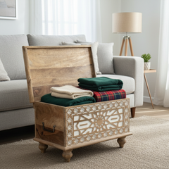 Mango Wood Blanket Chest With Moroccan Pattern Design