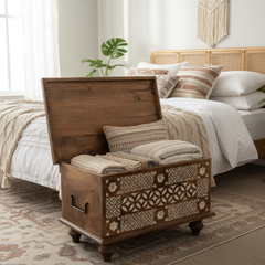Mango Wood Blanket Chest With Hand-Carving Finish