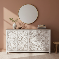 Mango Wood Mandala Sideboard With White Washed