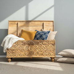Mango Wood Blanket Chest With Floral Carving