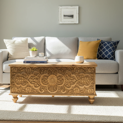 Mango Wood Blanket Chest With Floral Carving