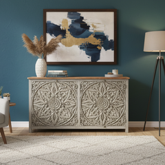 Mango Wood Large Mandala Sideboard With Grey Finish