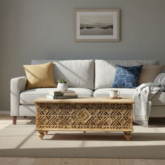 Mango Wood Carved Blanket Chest With Natural Finish