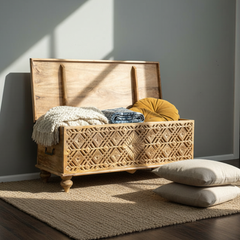 Mango Wood Carved Blanket Chest With Natural Finish