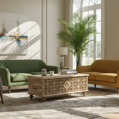 Mango Wood Carved Blanket Chest With Natural Finish