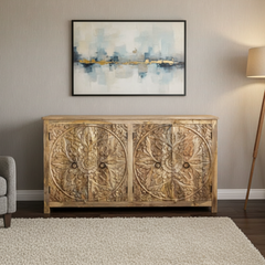 Mango Wood Mandala Carved Natural Sideboard For Storage